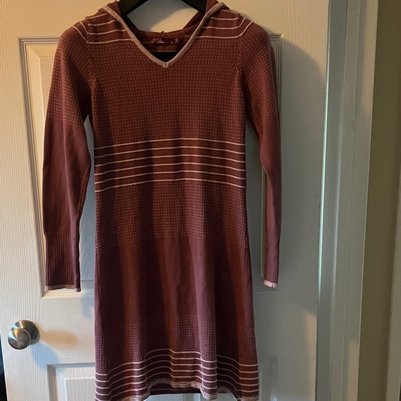 Prana Dresses & Skirts - Prana Maroon Knit Dress with Stripes and hood.